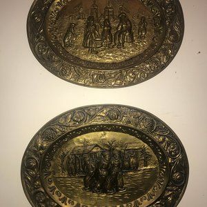 Pair Brass Repousse Wall Hangings Holland Scenes